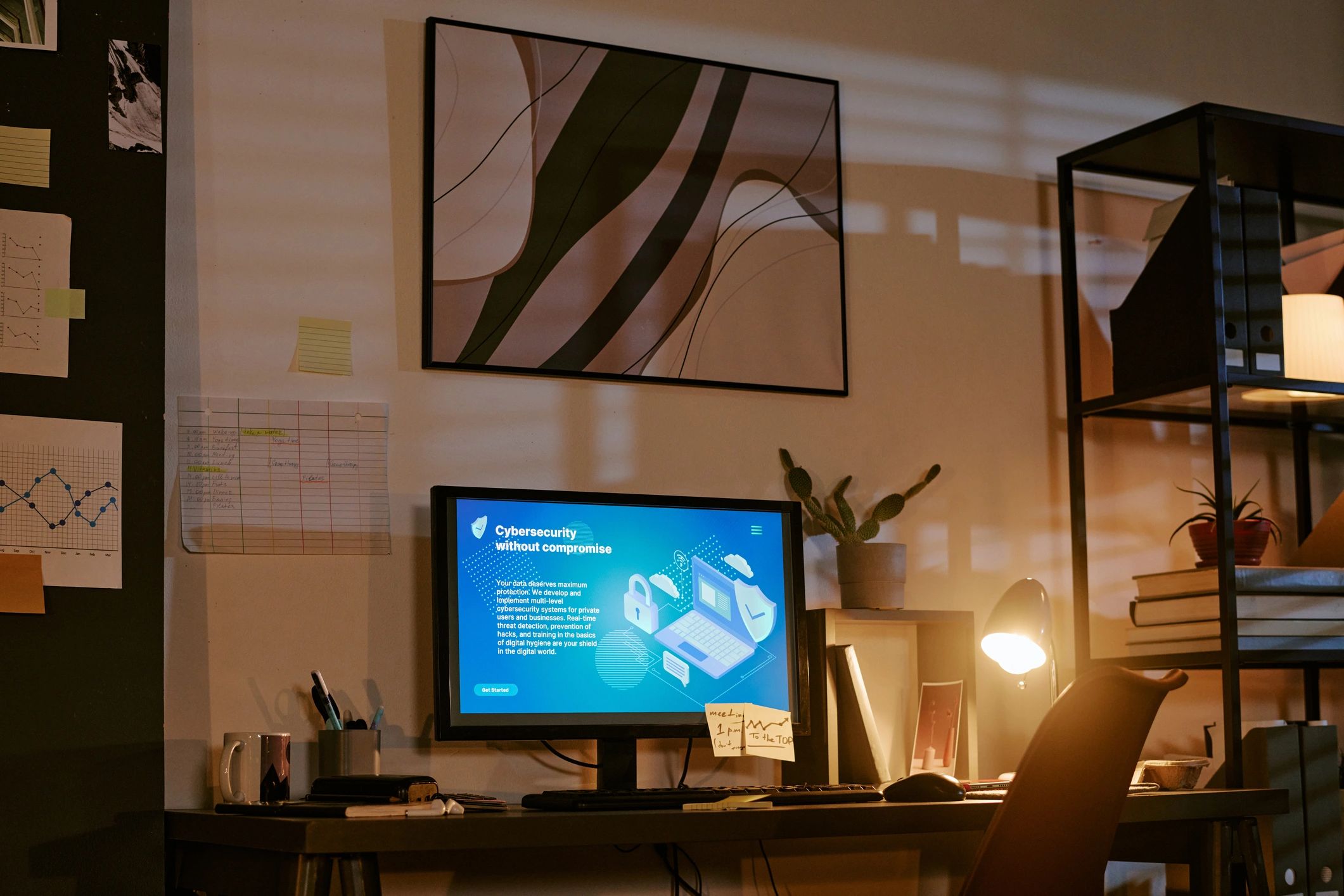 Office workspace displaying a cybersecurity dashboard